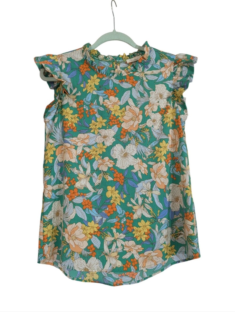 Les Amis Floral Flutter Sleeve Blouse Small Teal Ruffle Neck Cottagecore Top - Picture 2 of 7